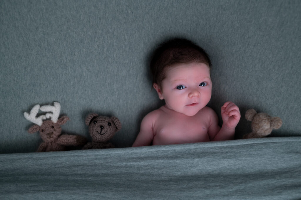 nouveau-né allongé sur posing bag vert sauge doudous photographe naissance Houilles photographe naissance la défense photographe naissance yvelines