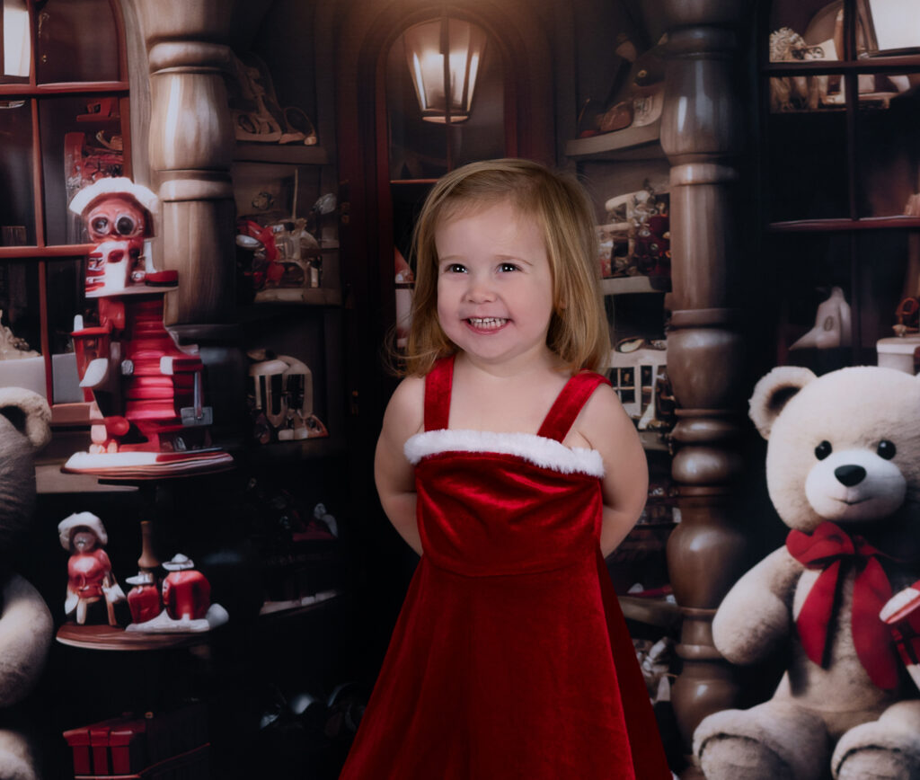 Petite fille souriant devant une boutique de nounours de Noël Mini-séance de Noël Houilles Yvelines photographe famille Houilles photographe famille Yvelines photographe famille Hauts-de-Seine photographe famille Ile-de-France